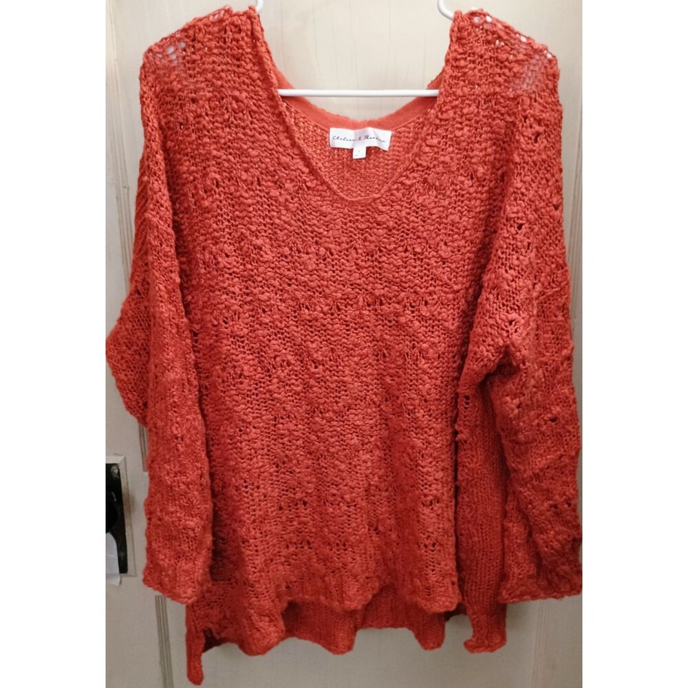 Chelsea & Theodore Women's Large Coral Open Knit Sweater Bell Sleeve